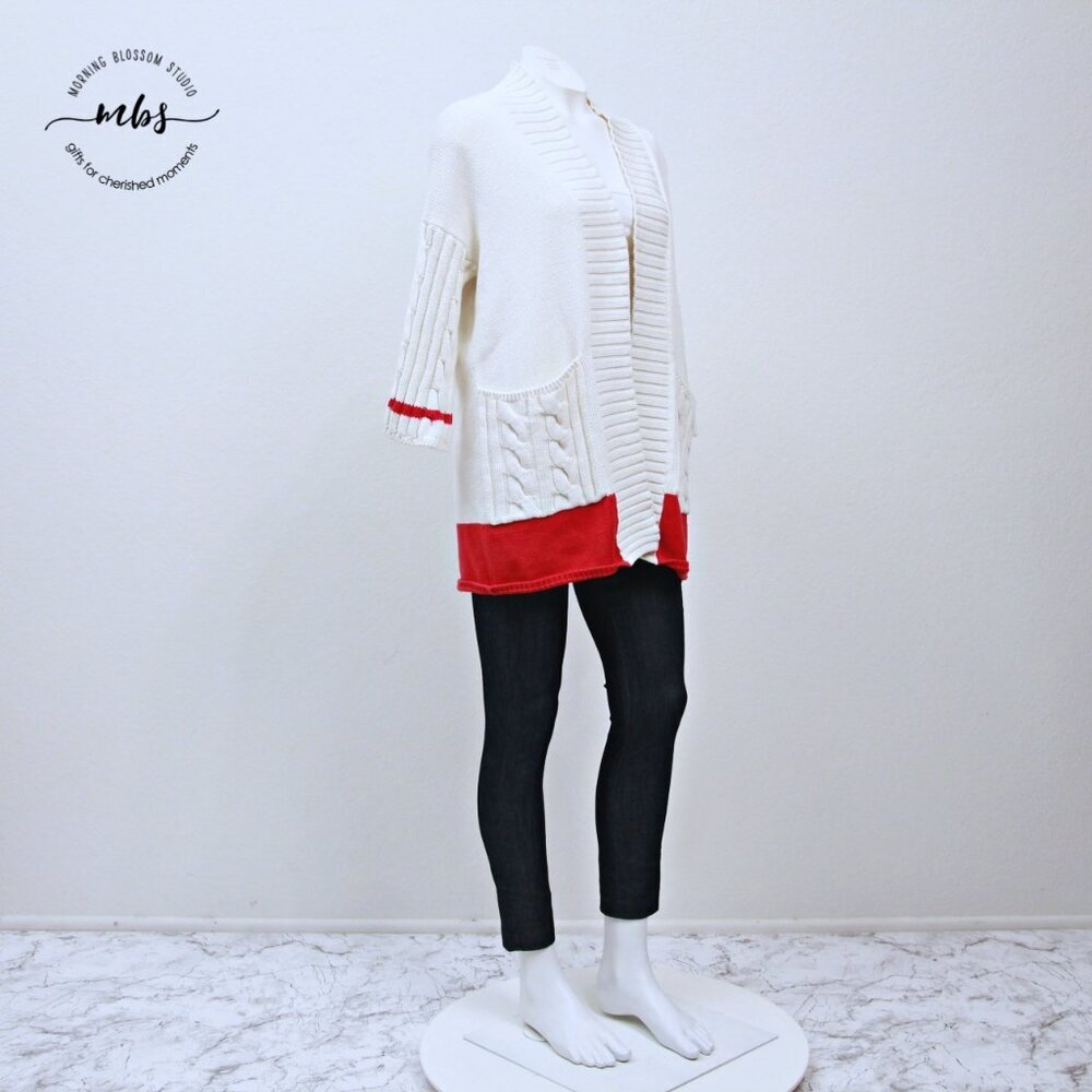 Weekend Max Mara Cable Knit Red Trim Half Sleeve Open Cardigan Cream Red Women M